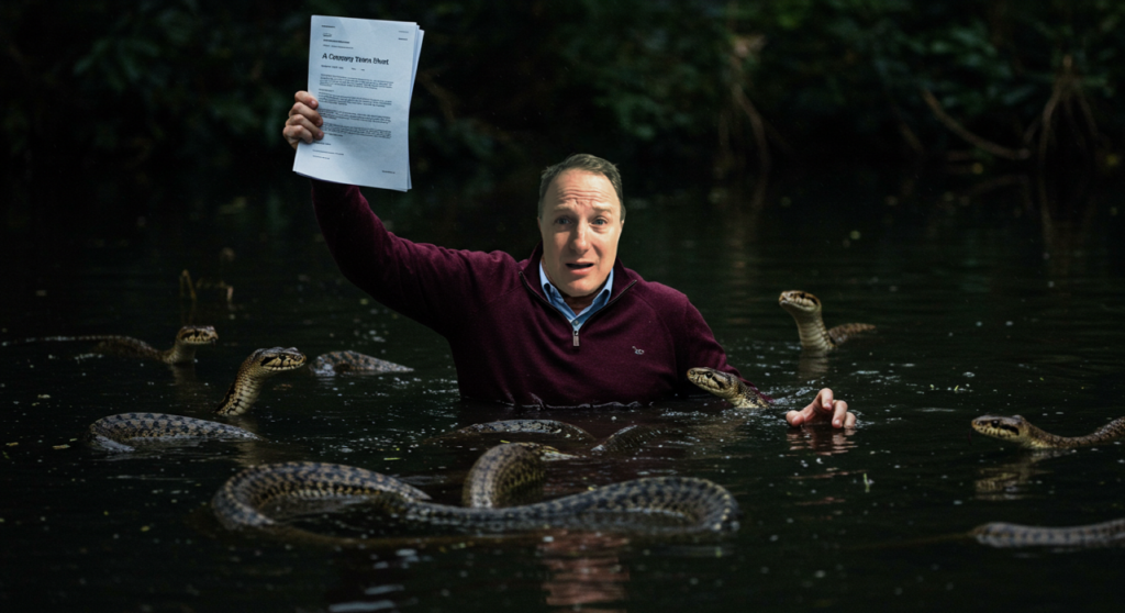 Manipulated image of Graham in a snake-filled swamp